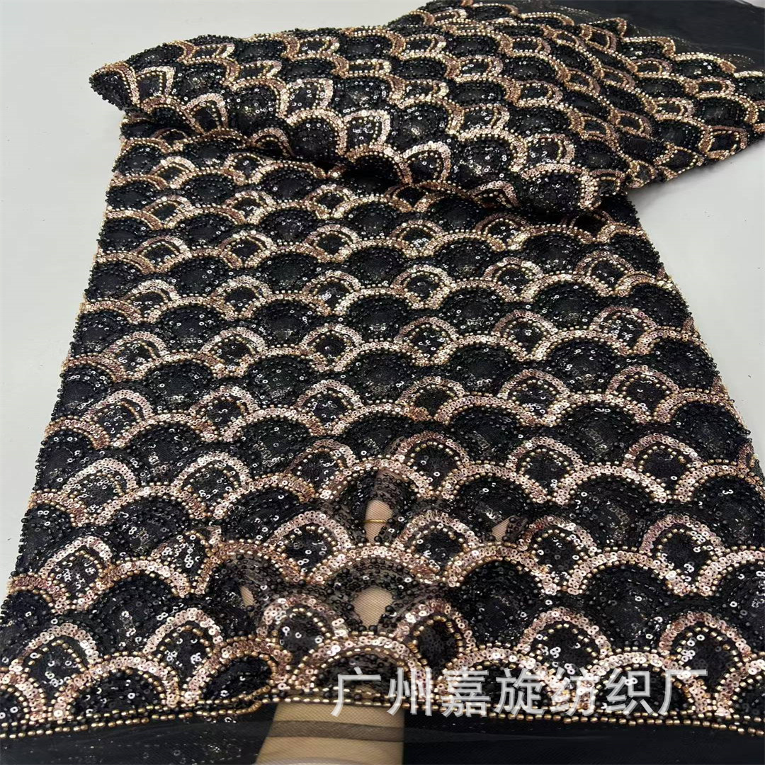 Full Small Fan-Shaped Fish Scale Sequin Bead Tube Dress Fabric European and American Catwalk Host Dress Wedding Dress Lace
