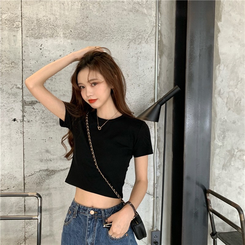 2025 New T-Shirt Women's Candy Color Slim Fit Short Pure Desire Style Easiest for Match Top Ins Cross-Border Wholesale