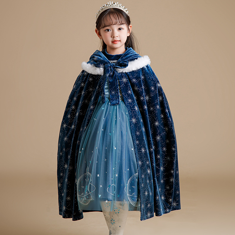 Picture of Blue Velvet Elsa Dress for Girls with Mesh Skirt and Star Details, Sweet Princess Style, Elegant Haute Couture Dress