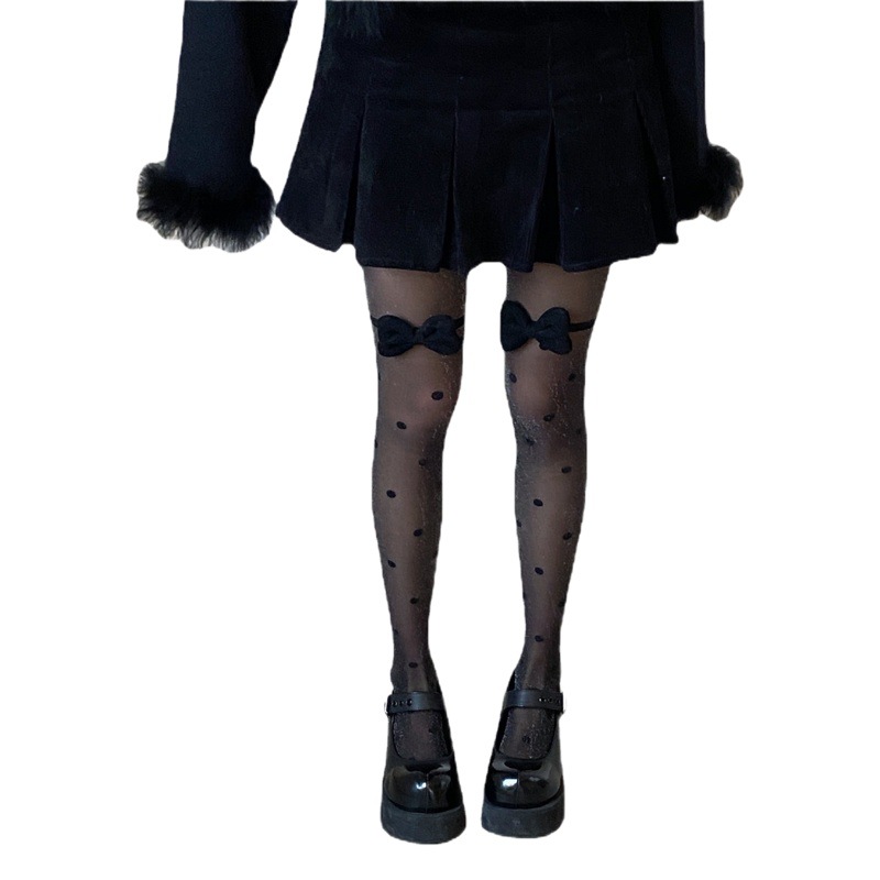 Spring New Girly Silver Dot Bow Silk Stockings Black Pantyhose