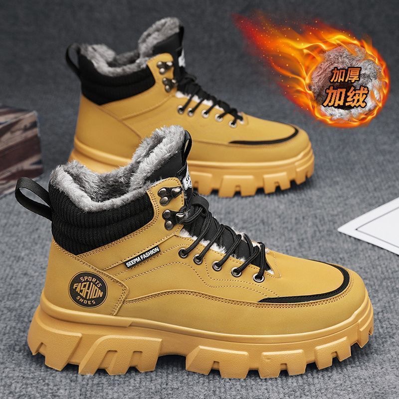 Men's Shoes Winter fleece-lined High-top Martin Boots Men's Workwear Shoes Trendy All-match Thick-bottom Thick Warm Cotton Shoes Ankle Boots