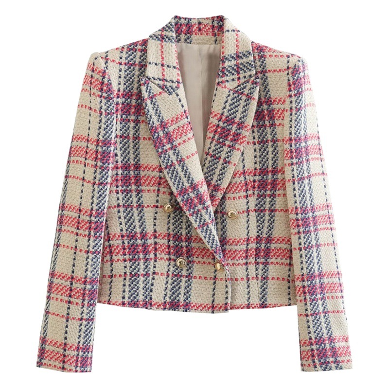 Foreign Trade zaura Women's 2023 Spring New Slub Texture Double-breasted Slim-fit Plaid Shoulder Jacket