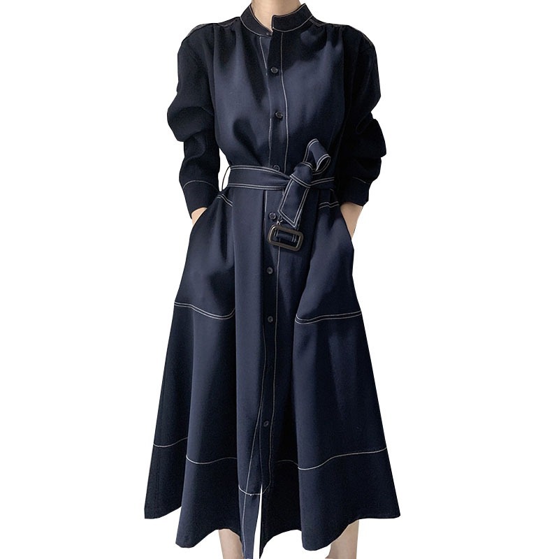 Korean Chic Minimalist Elegant Vertical Collar Overline Single-breasted Loose Strap Windline Dress Long Dress