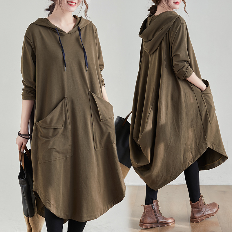 Real Shot of 2025 Spring & Fall New Style Artistic Loose Large Size Women's Sweatshirt Dress Mid-Length Large Flap Pocket Pants Hooded Dress
