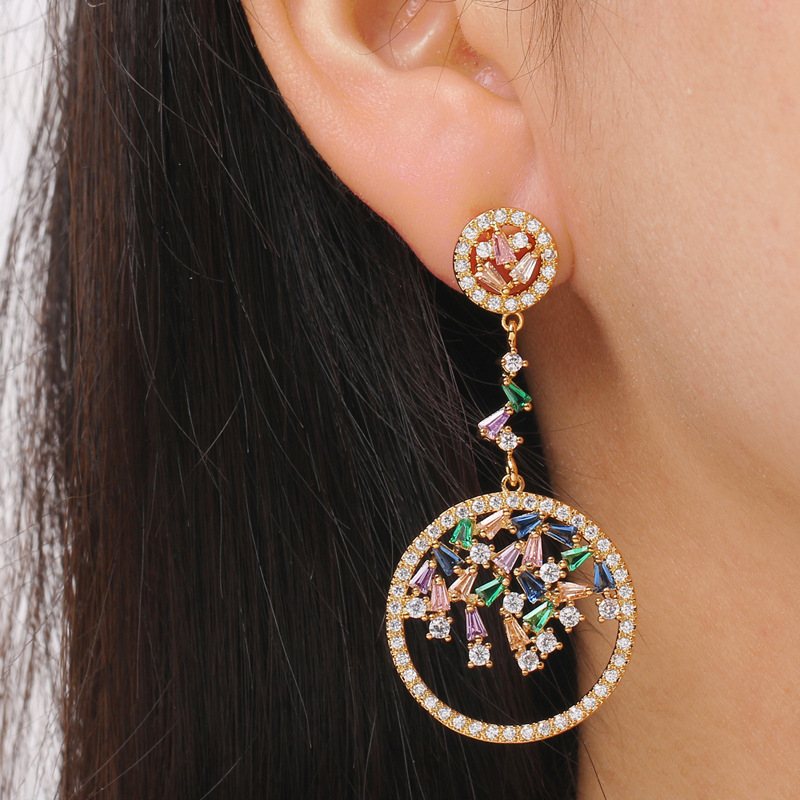 Picture of New temperament earrings Japanese and Korean color zircon circle earrings earrings women's wedding long ear jewelry manufacturers in stock