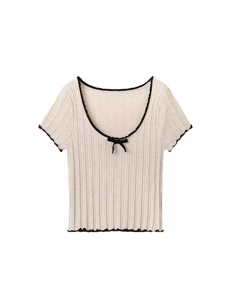 Picture of American Style Shoulder Contrast Lace Bow Knitted Short-sleeved T-shirt Women's Summer Tight Spice Girl Short Top