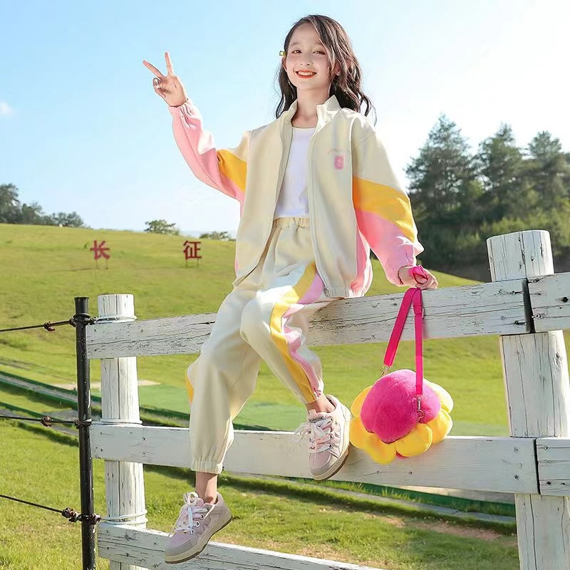 Girls' Spring and Autumn Suit 2024 Girls' Autumn New Korean Style Western Style Sports Casual Jackets and Long Pants for Middle and Large Children