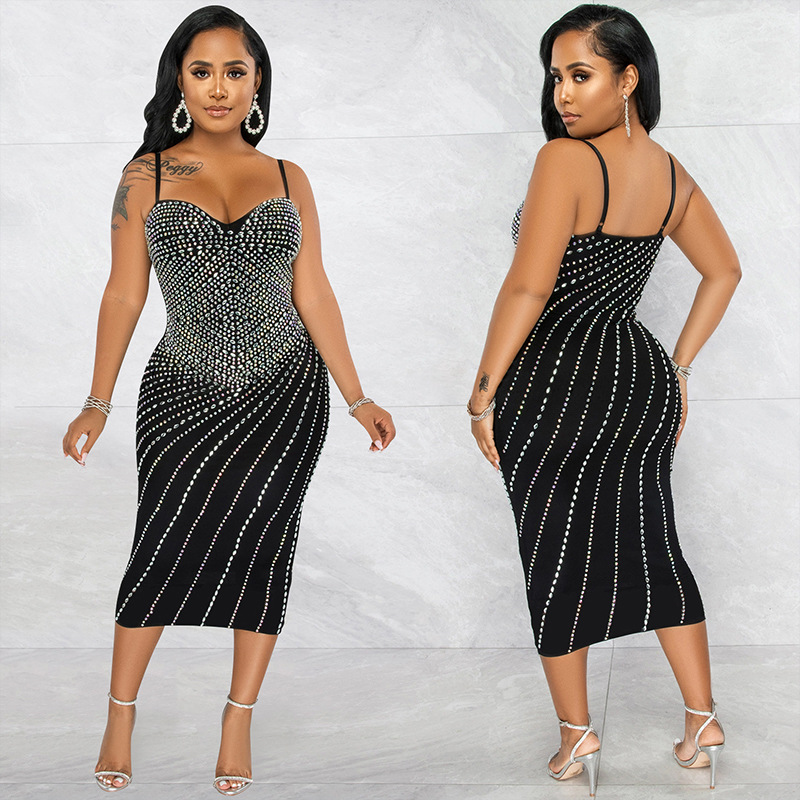 9391 Cross-border Summer Women's New Sexy Tight Strap Sleeveless Rhinestone Mesh Ladies Dress dress