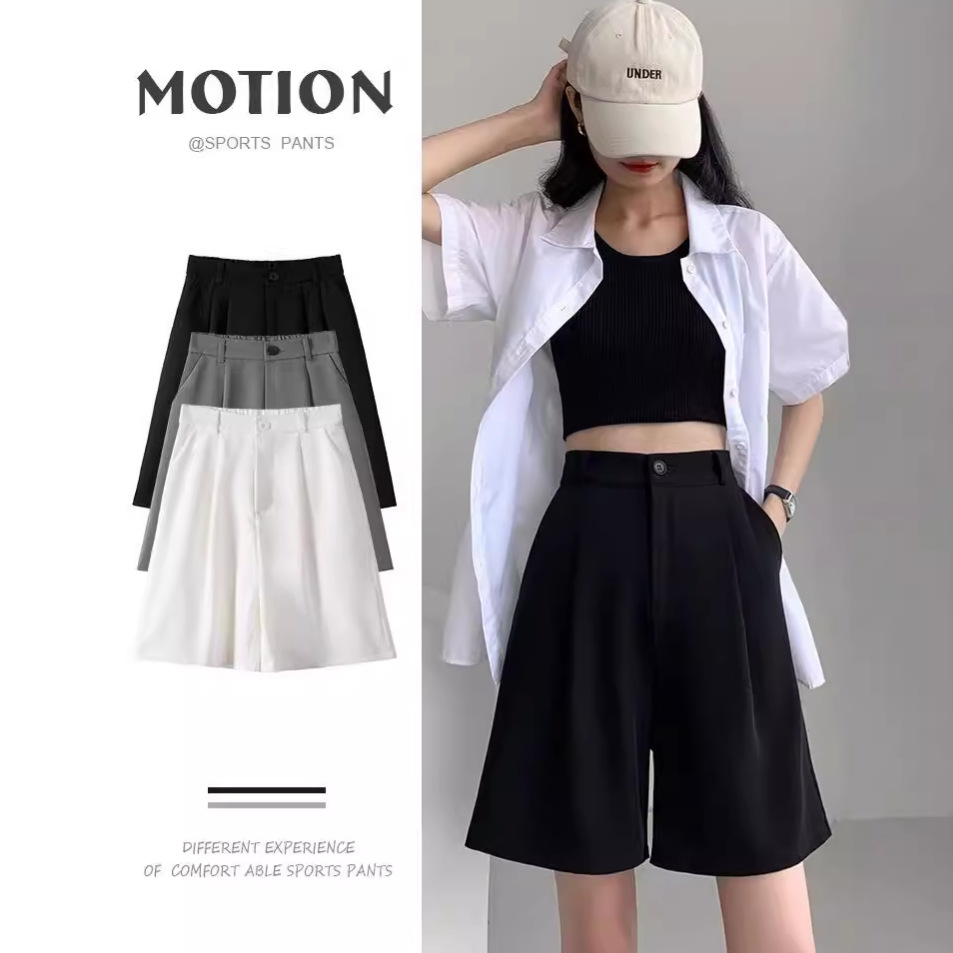 Black Suit Shorts Women's Summer Thin Loose Casual Wide-leg High Waist Straight A- shape Slim 5-length Pants Mid-length Pants