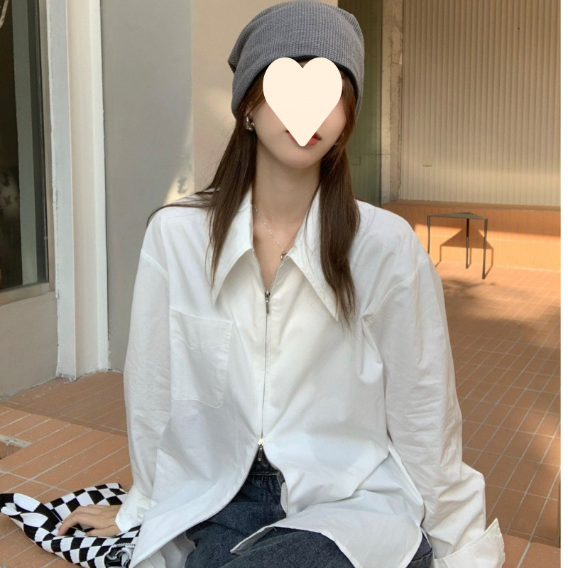 Retro Hong Kong Style Double Zipper White Shirt Women's Loose Design Niche Top Elegant Long Sleeve Shirt Spring and Autumn