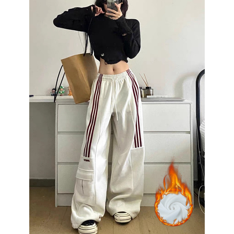 2025 New Casual Korean Style Three Bar Crane Pants Women's Autumn American Casual Sports Pants High Waist Loose Wide Trendy
