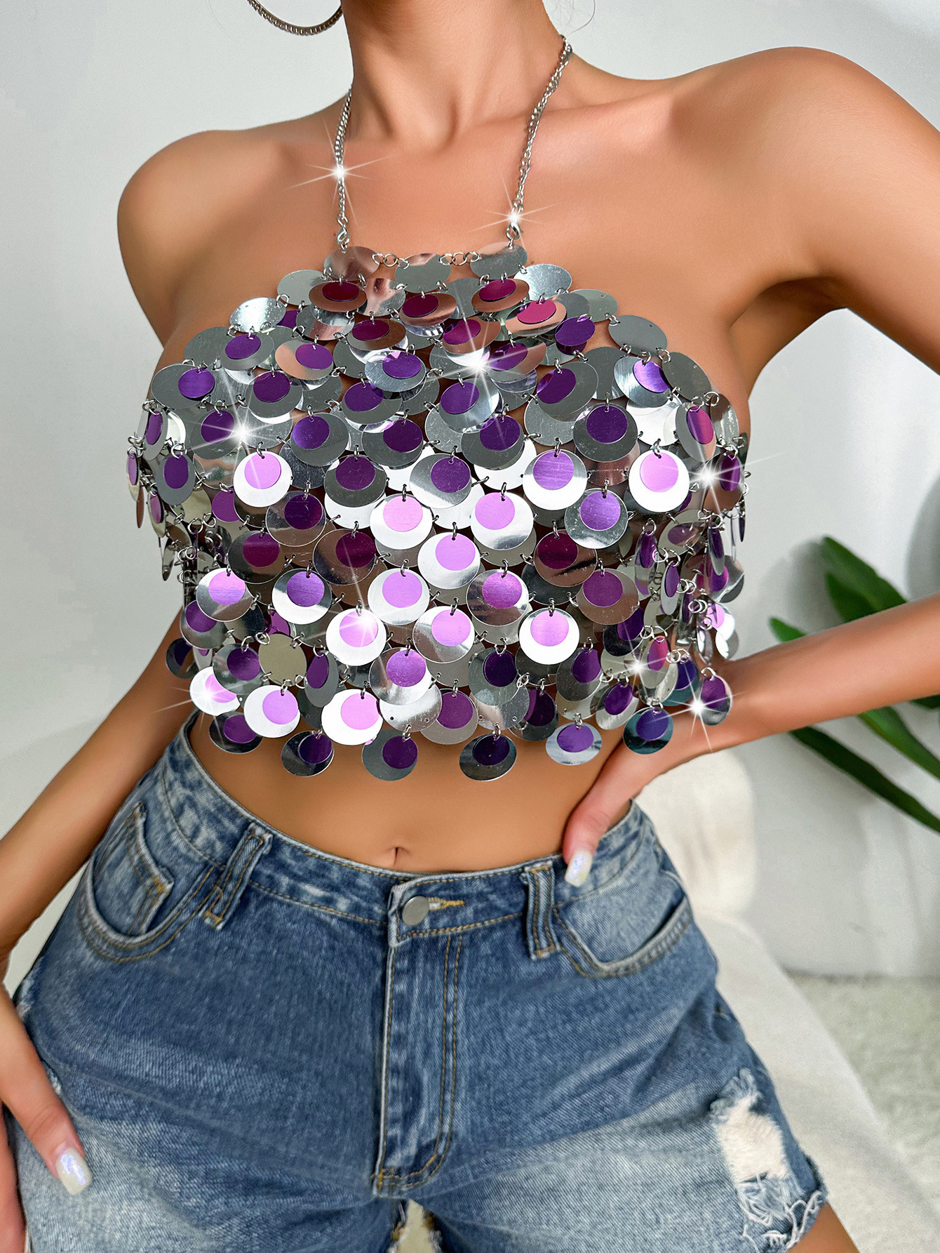 European and American Summer 2023 New Cross-Border Punk Sexy Color-Blocked Sequin Halterneck Camisole D21024