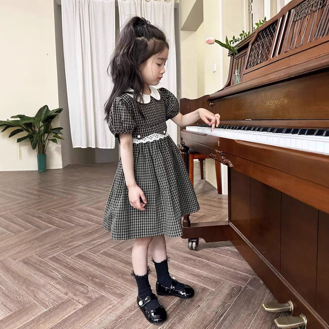 Girls dress summer new college style small plaid short sleeve dress dress for children a generation of hair