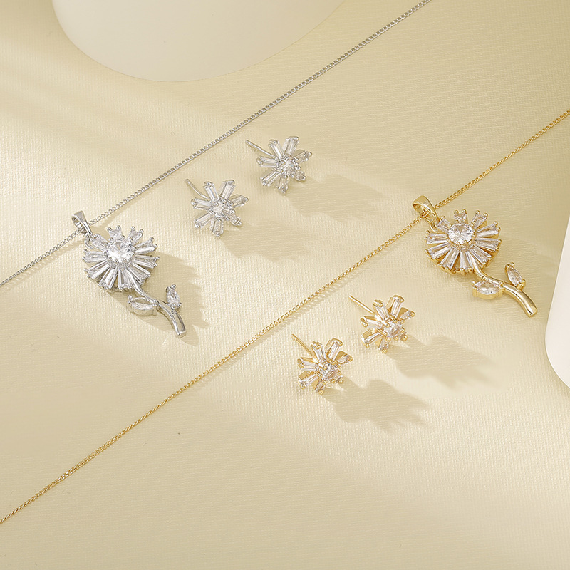 Cross-border hot Daisy necklace earrings suit female niche light luxury zircon clavicle chain fashion all-match exquisite