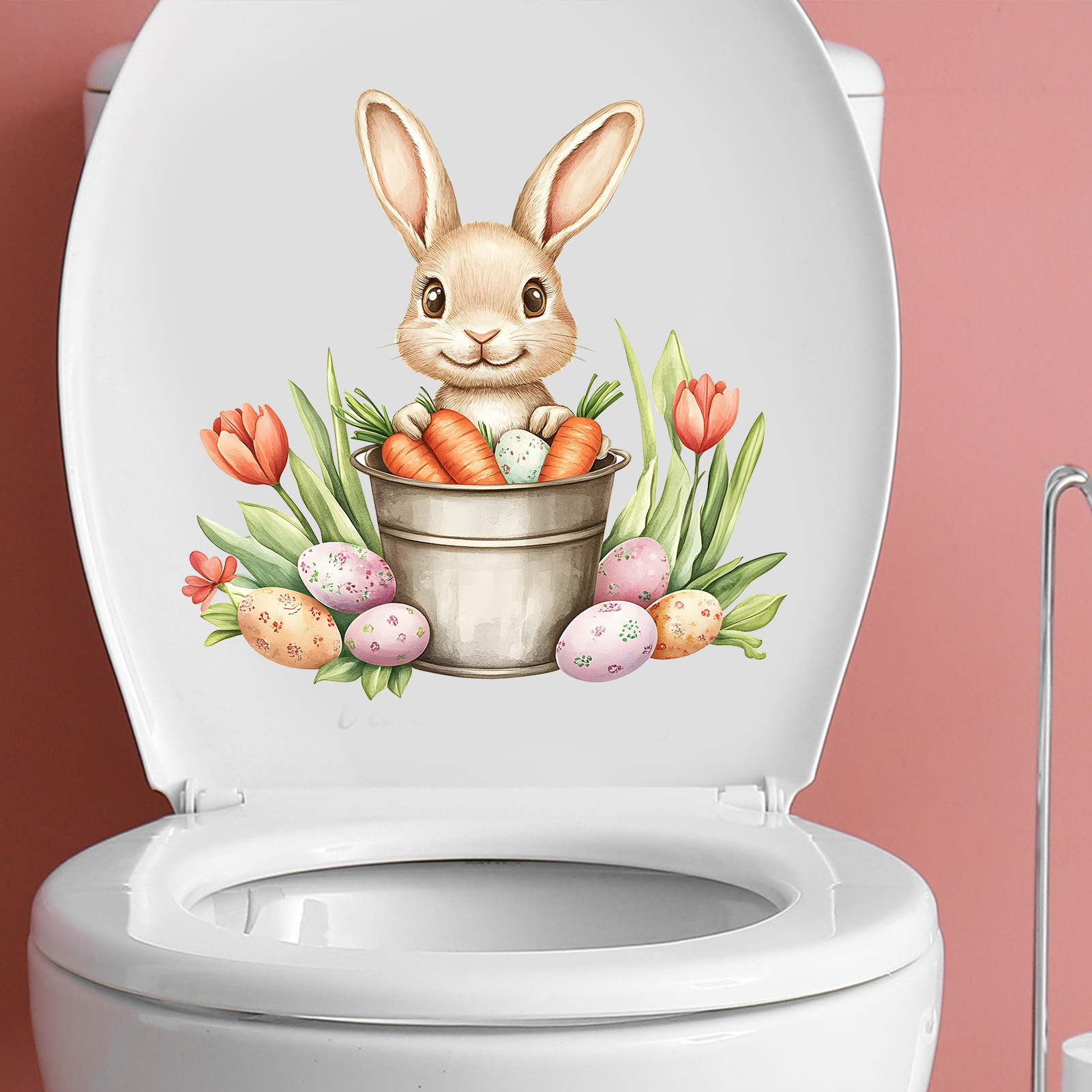 MS-GFH040 Easter Cartoon Cute Bunny Tulip Eggs Bathroom Toilet Home Decoration Wall Sticker