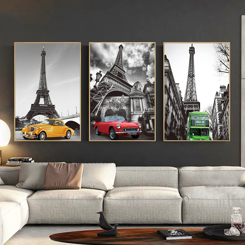 City View Paris Bus and sports car Canvas Painting Mural Poster Wall Art Bedroom Living Room Modern Decorative Painting