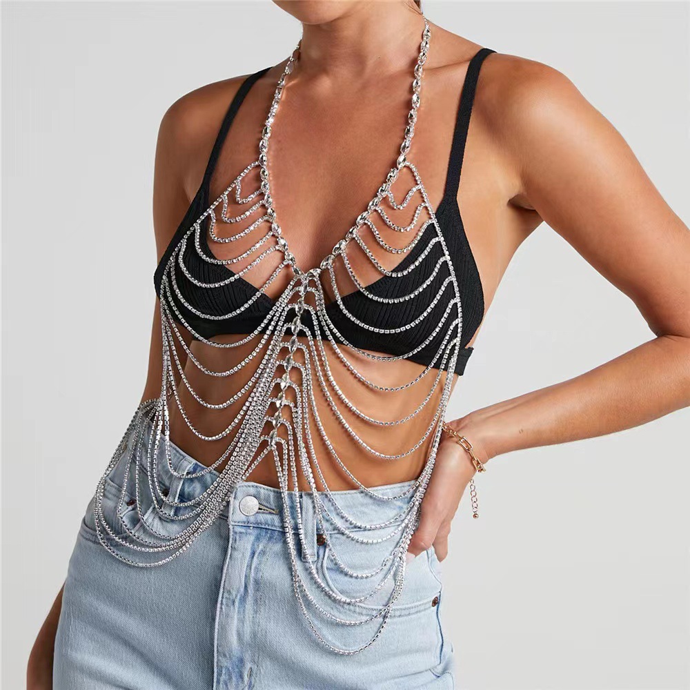 European and American New Luxury Rhinestone Tassel Body Chain Underwear Fashion Sexy Crystal Chest Chain bra Body Jewelry Women