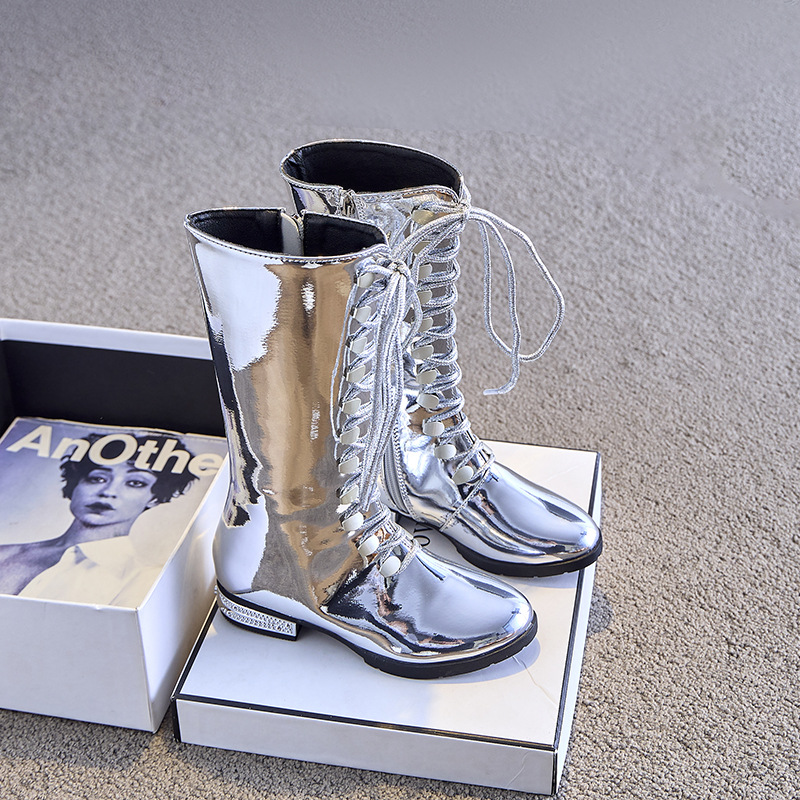 Gold silver Patent Leather Boots Thick Heel High Barrel Martins Model Stage Show Competition Small Size Fashion Show Shoes