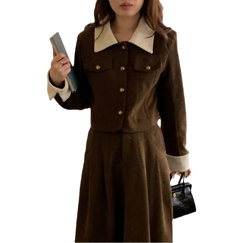 2023 autumn and winter new vintage Hepburn style corduroy contrast color lapel short coat high waist skirt suit
