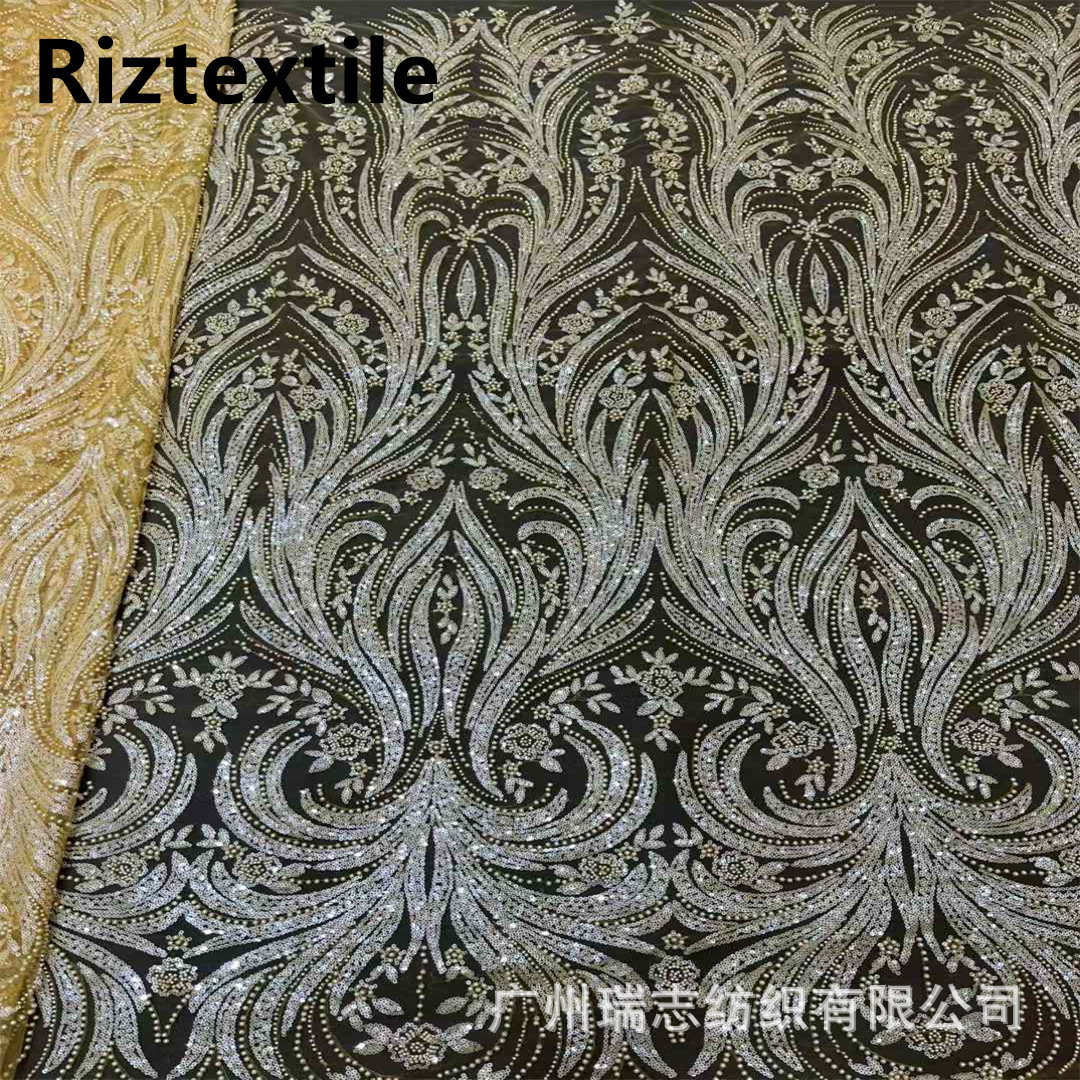 New Lotus Sequin Beads Embroidered Cloth Wedding Dress Mesh Beads Performance Coat Fabric african lace