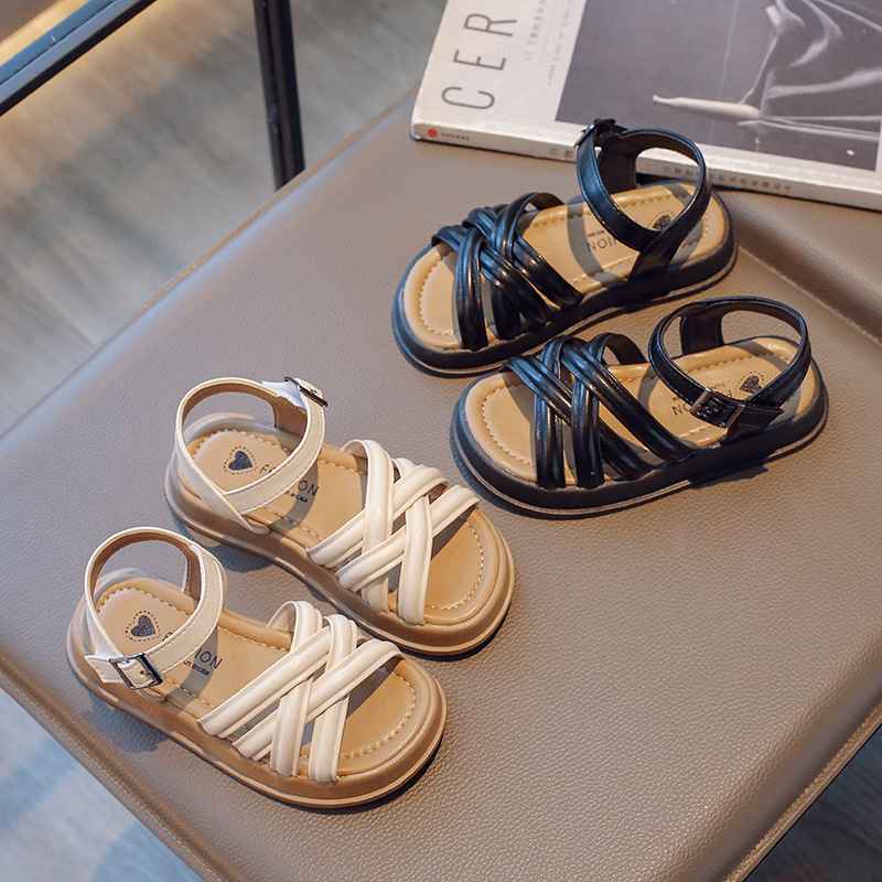 Girls' Korean Fashion Woven Roman Shoes, 2025 Spring/Summer New Off-Toe Thick-Soled Non-Slip Princess Sandals for Older Kids