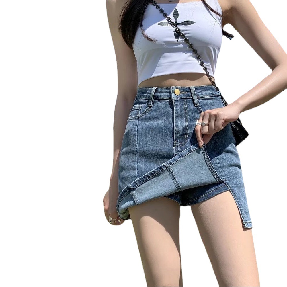 Split Denim short skirt for women 2022 summer new high waist slimming anti-exposure A- line hip skirt half skirt