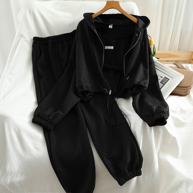 Picture of Large Size Sports Style Casual Suit Women's Spring and Autumn Sling Hooded Sweatshirt Jacket Long Pants Large Size Three-piece Suit