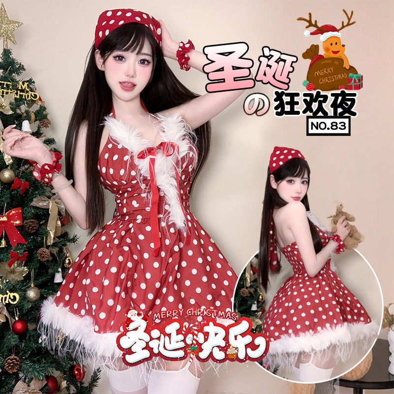Christmas Dress Festival Nightgown Women's Spring New Year's War Robe Polka Dot French Fairy Fur Neck Puff Skirt Anchor Uniform