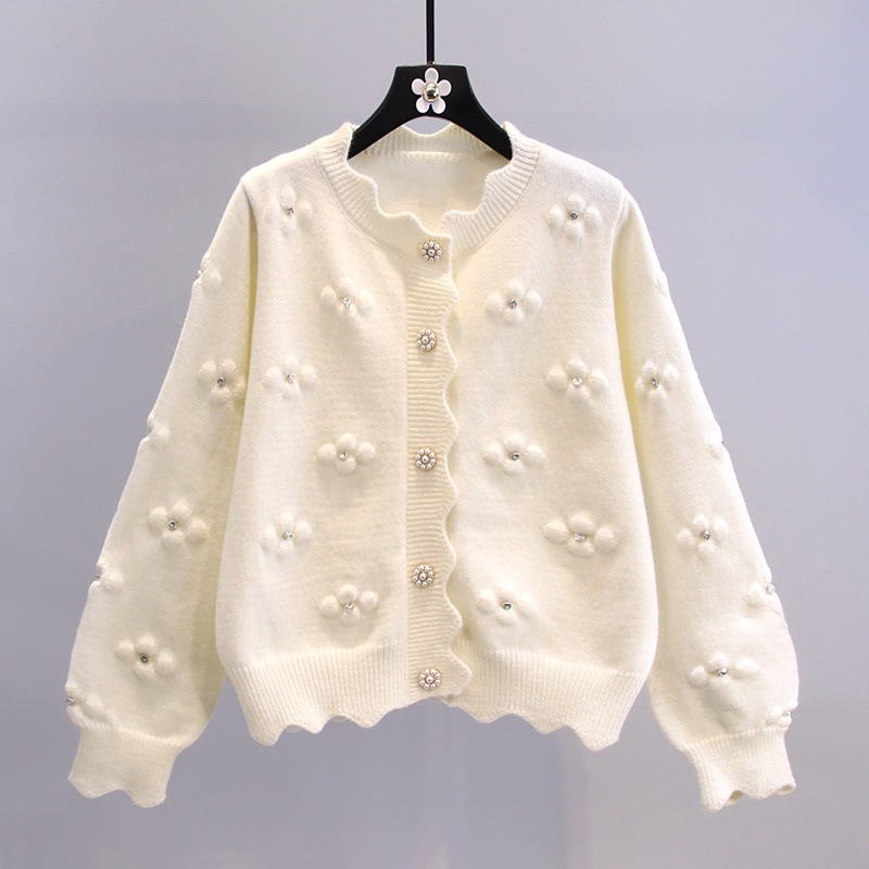Three-dimensional Beaded Floret Sweater Coat Women's 2024 Spring New Japanese College Style Western Style Age-reducing Knitted Cardigan