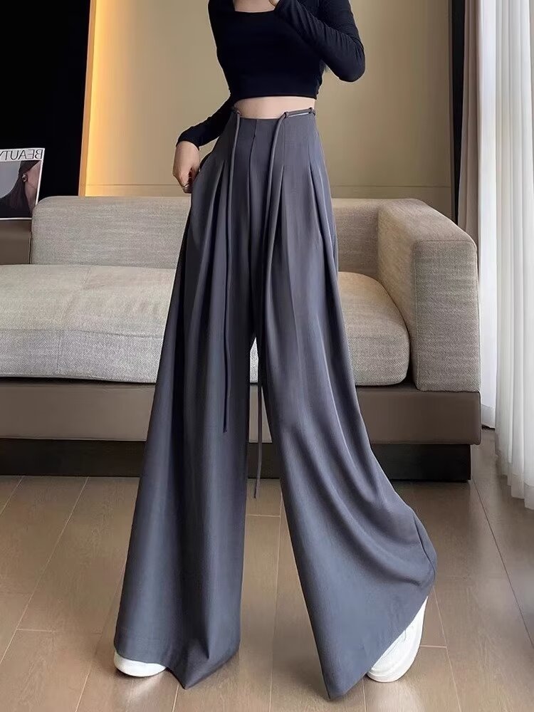 Designed Lace-Up Tummy Control Casual Pants for Women in Autumn, High-End Gray Wide-Leg Super Loose Floor-Length Pants