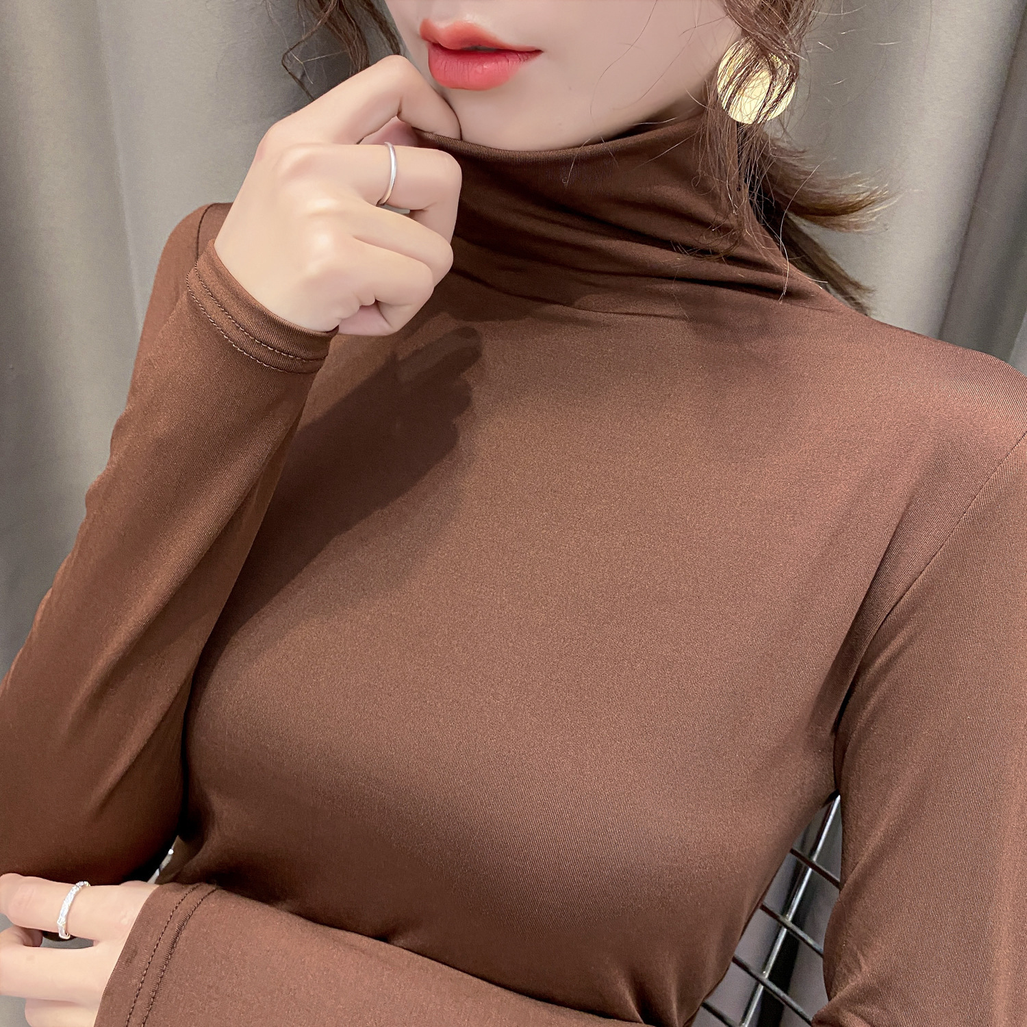 Strict selection of 2025 fleece-lined slim high collar top autumn and winter bottoming shirt long sleeve T-shirt women's Joker slim solid color women's clothing