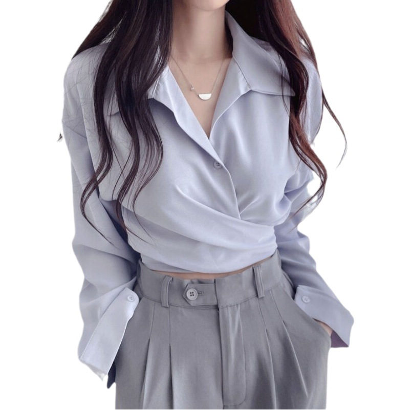 Cross-Border Korean Chic2025 Spring & Fall Age-Reducing Retro Design Elegant Waist Slimming Look Lace-Up Short Shirt