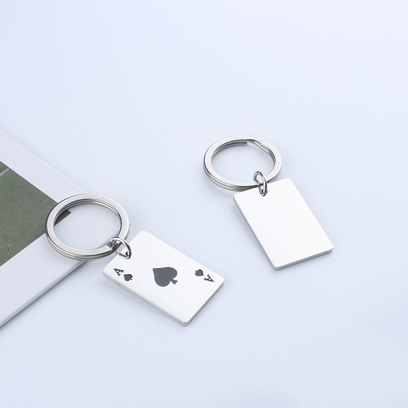 Picture of Heart-shaped red peach a playing card keychain creative simple stainless steel metal key chain ring schoolbag pendant accessories