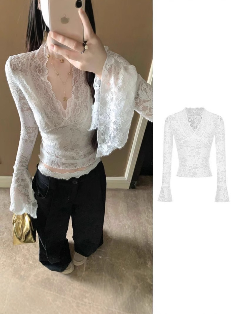 White V-neck Lace Base Shirt Women's Early Autumn Pure Sexy Slim-fit Slimming Long-sleeved T-shirt Niche Design Top