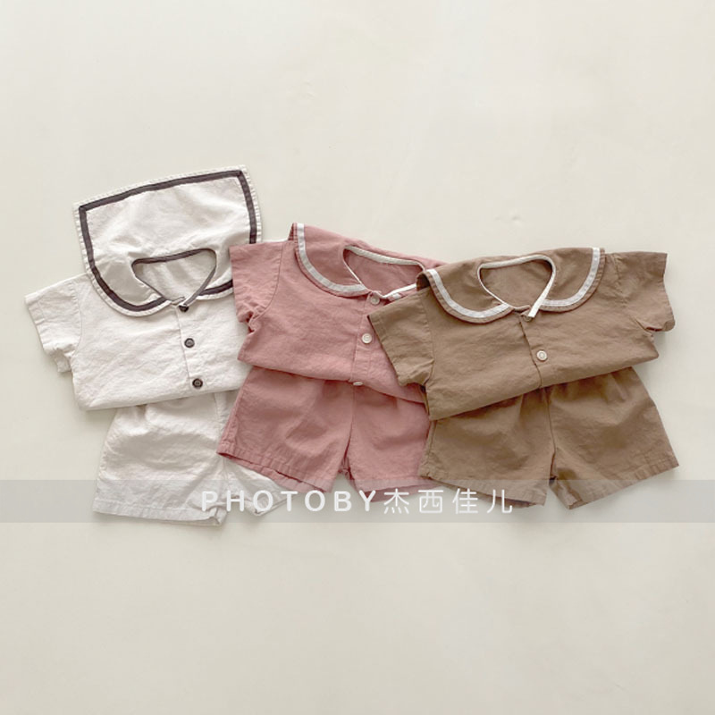 Ins Korean Style Children's Summer suit for Boys and Girls Han Fan Fashionable College Style Short Sleeve Shirt Shorts suit