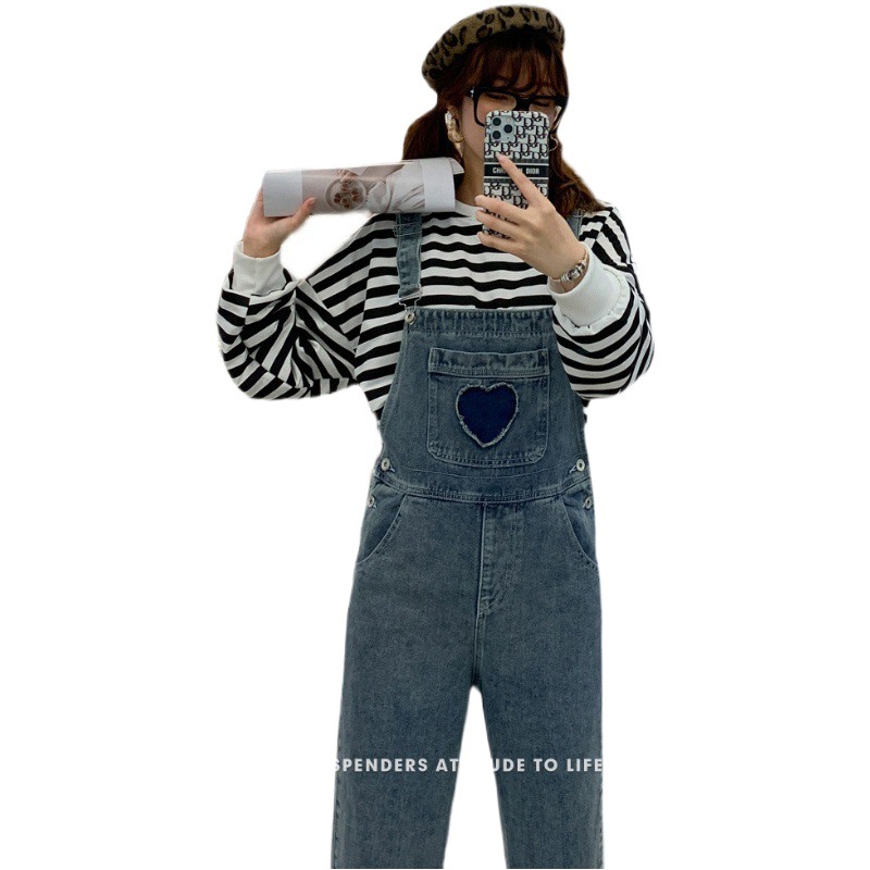 Internet Celebrity Love Denim Overalls Women's Spring and Autumn Korean-style Loose Slimming Age-reducing Straight-leg Wide-leg Pants for Small Students