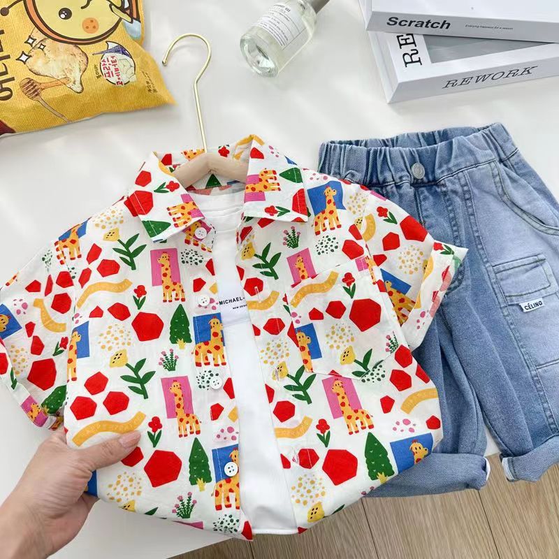 Picture of Little Sun Vacation Style Kidsren's Summer Short-Sleeved Shirt Boys Lapel Shirt Baby Top Jacket Thin Section