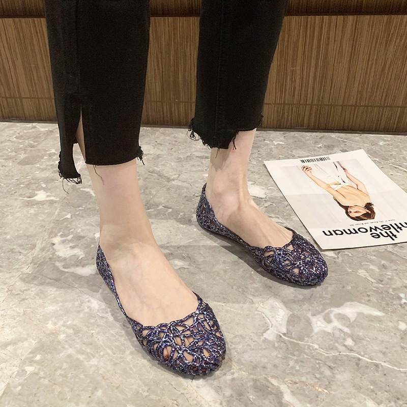 Picture of Hollow closed toe sandals summer shiny crystal dance shoes jelly shoes flat soft bottom hole beach shoes women Wholesale