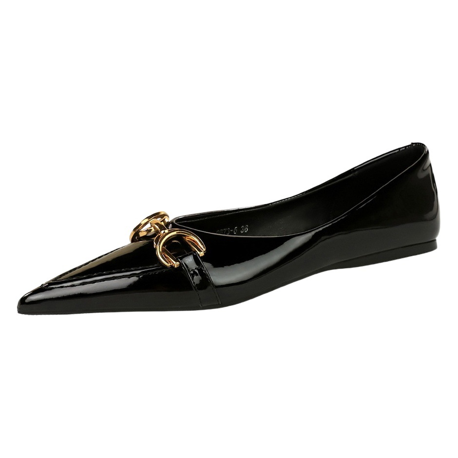 2873-6 European and American style fashionable comfortable all-match flat heel women's shoes glossy patent leather shallow mouth pointed metal buckle decoration women