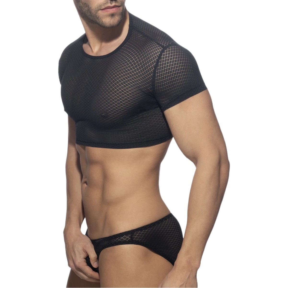 2023AD new men's underwear sexy mesh half lace T-shirt nylon silk slip translucent sexy men