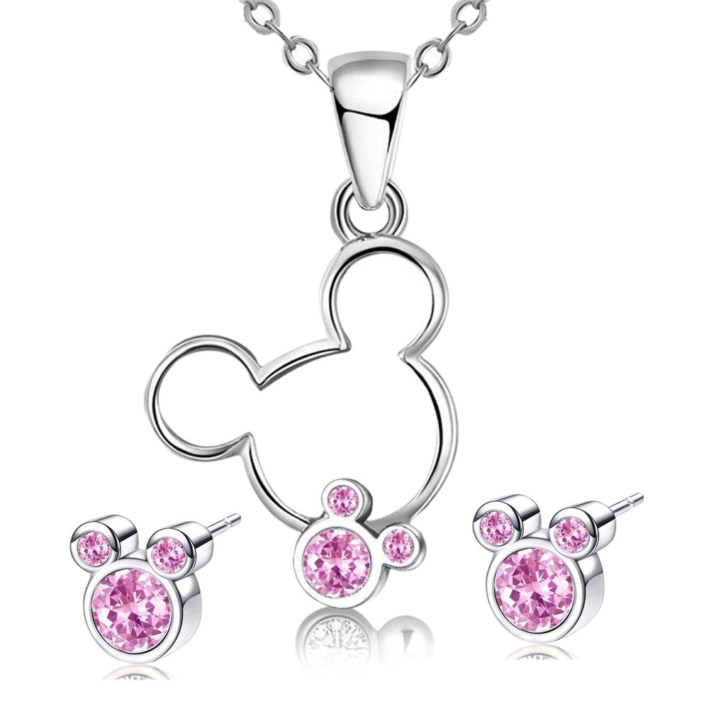 Platinum Plated Jewelry Austrian Crystal Necklace and Earrings Wholesale Bride Wedding Treasure Love Mickey Jewelry Set