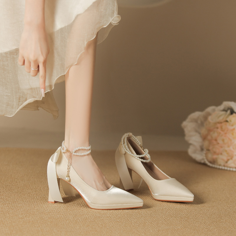 8066-7 Temperament French Suede Pointed Thick Heel Women's Bow Pearl Platform High Heel Shoes