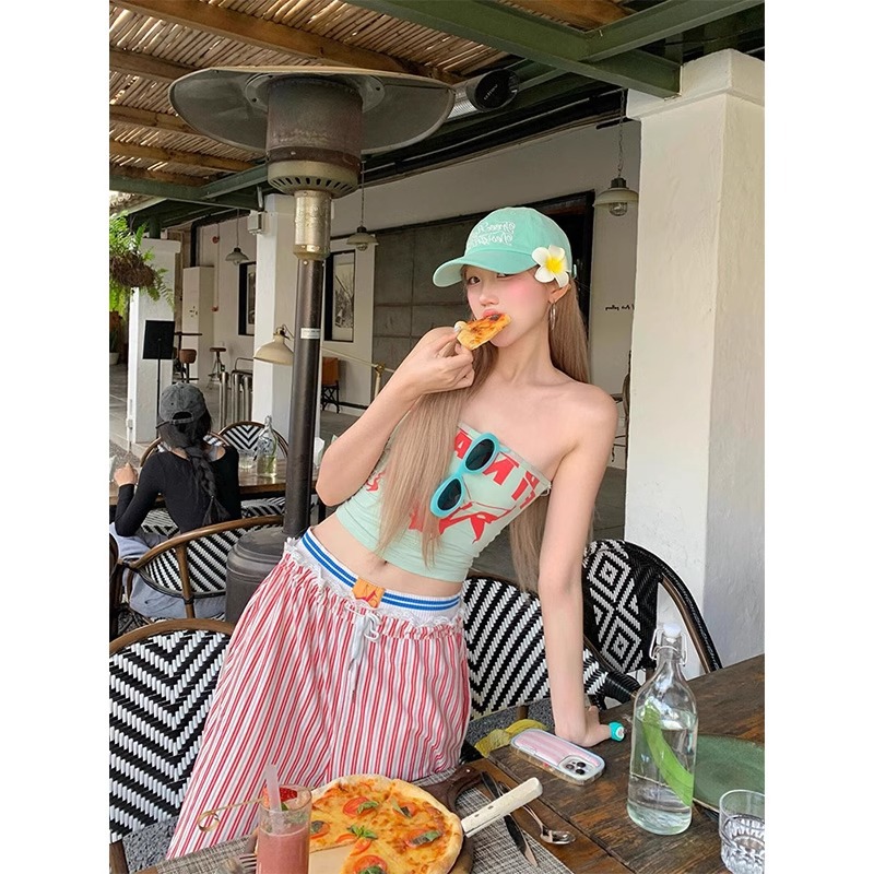 American High Street Sweet and Spicy Letter Printed Tube Top Summer Sexy Slimming Look Strapless Tube Top