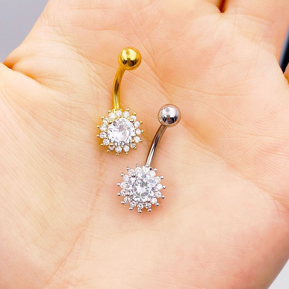 Picture of European and American Export Stainless Steel Inlaid with Round Zircon Sunflower Shape Navel Ring Body Piercing Navel Nail Jewelry