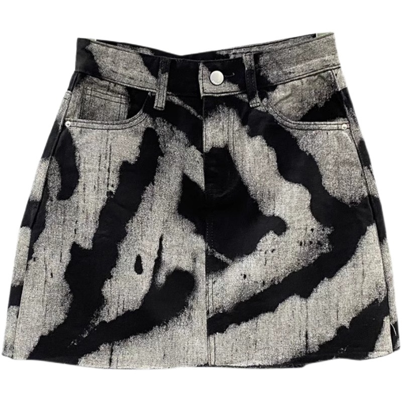 Korean Style Women's Clothing 2024 New Spring and Summer Clothing High Waist Slimming Look Personalized Pattern Denim Skirt Raw Edge A-Line Skirt Trendy