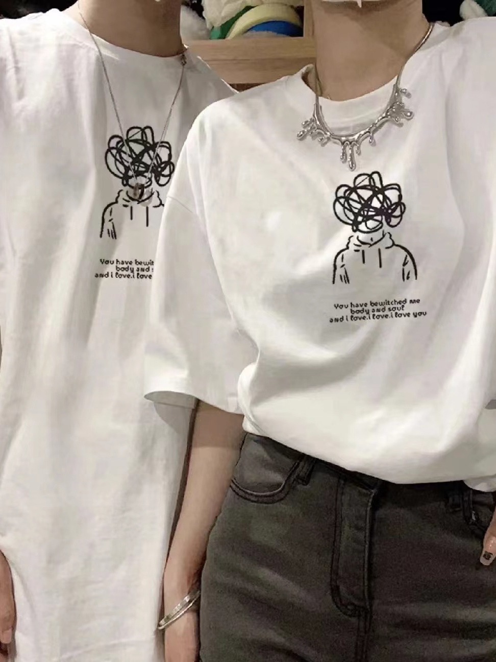 200g Cotton Heavy Loose Mid-length Shoulder Back Bag Collar Black Rose Printed Short Sleeve Women's T-shirt Fashion Brand Clothes