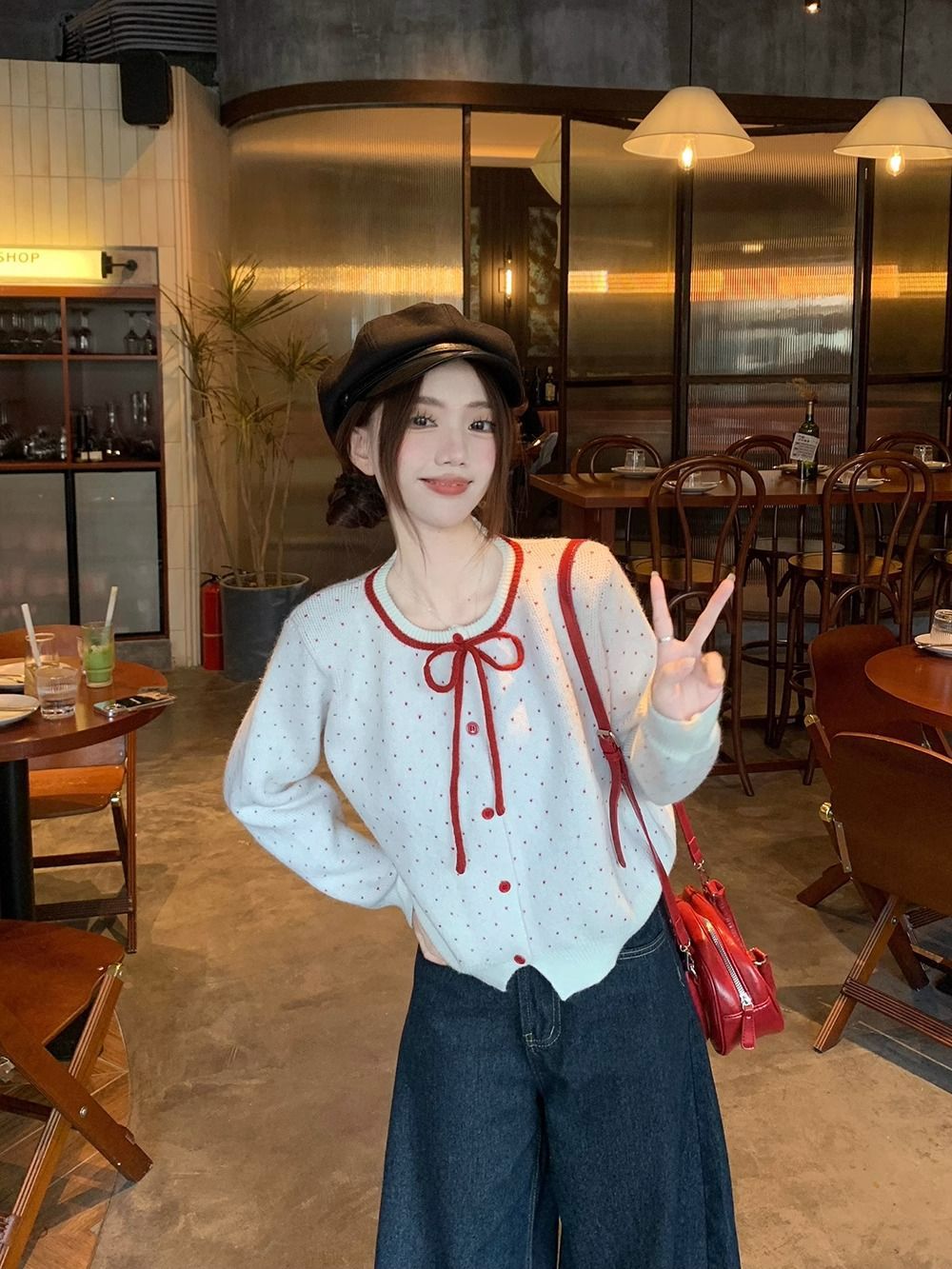 Gentle Style Sweet Round Neck Knitted Cardigan Autumn Fashion Sweater Design Wave Dot Contrast Color Knitted Coat Top