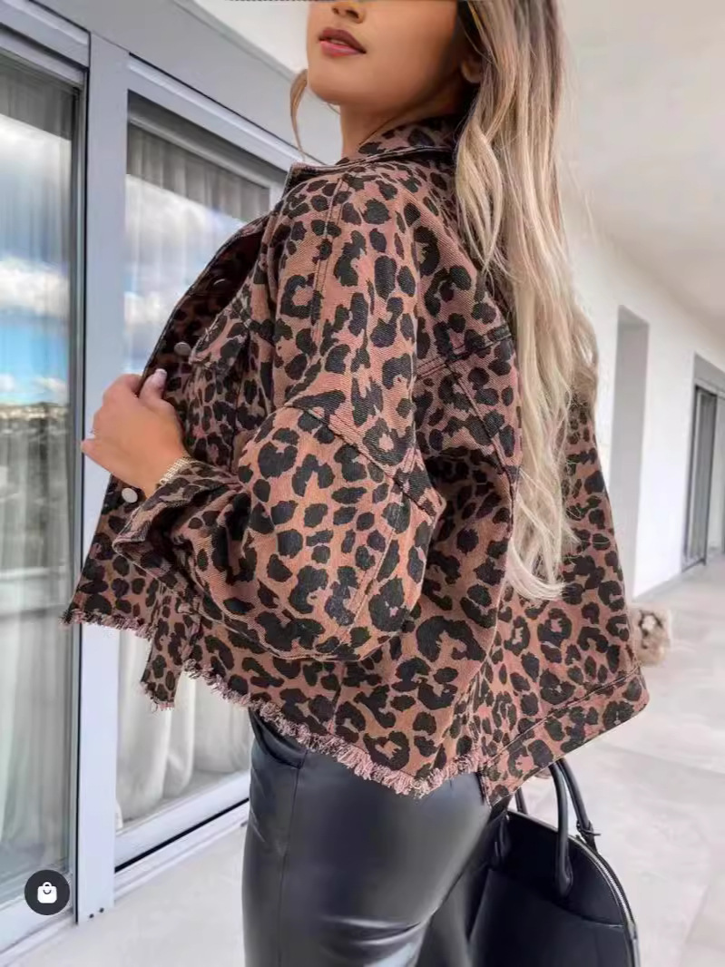 Picture of 2024 Amazon Europe and the United States cross-border explosions tide washed old leopard print fur Denim coat women's jacket