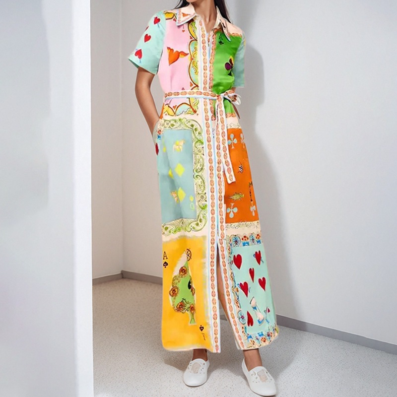 Women's new women's dress, European and American vintage printed short-sleeve collar export dress, European and American V-style