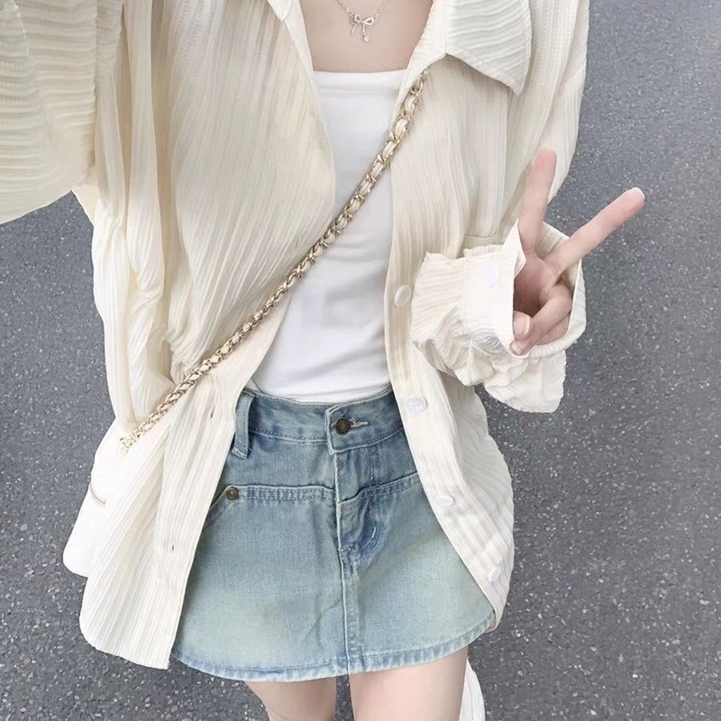 Wave Strip Lapel Shirt Women's Summer Outdoor Breathable Sun Protection Clothing Cardigan Jacket Casual Long Sleeve Base Shirt Top